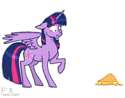 Size: 1366x1076 | Tagged: safe, artist:fiona brown, twilight sparkle, alicorn, pony, g4, party pooped, ears back, fear, female, frown, mare, quesadilla, raised hoof, scared, solo, spread wings, they're just so cheesy, twilight sparkle (alicorn), wide eyes