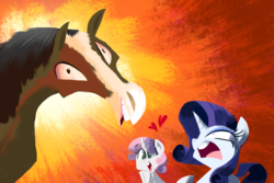 Size: 1500x1000 | Tagged: safe, artist:talonsofwater, rarity, sweetie belle, horse, g4, eyeshadow, floating heart, frown, heart, horse-pony interaction, makeup, open mouth, shocked, smiling, wide eyes
