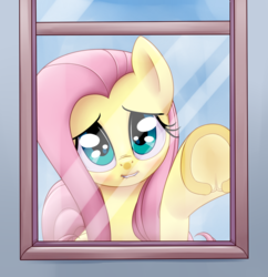 Size: 922x953 | Tagged: safe, artist:stoic5, edit, fluttershy, pony, g4, against glass, blushing, cropped, cute, explicit source, female, lip bite, looking at you, mare, shyabetes, solo, underhoof, window