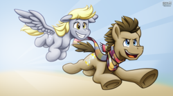 Size: 1618x909 | Tagged: safe, artist:bcpony, derpy hooves, doctor whooves, time turner, earth pony, pony, g4, clothes, duo, flying, fourth doctor's scarf, male, scarf, stallion, striped scarf, underhoof