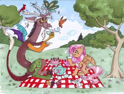 Size: 1648x1243 | Tagged: safe, artist:zaionczyk, angel bunny, discord, fluttershy, bird, breezie, butterfly, g4, cake, picnic, tea, traditional art