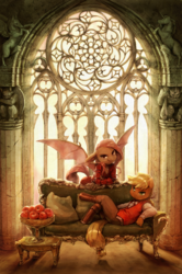 Size: 1800x2708 | Tagged: safe, artist:audrarius, applejack, fluttershy, anthro, unguligrade anthro, g4, apple, architecture, chair, clothes, detailed, dress, epic, female, flutterbat, gothic, looking at you, open mouth, reclining, spread wings, table, vest, window
