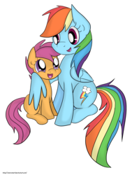 Size: 2762x3648 | Tagged: safe, artist:leslers, rainbow dash, scootaloo, g4, high res, hug, scootalove, winghug