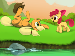 Size: 8000x6000 | Tagged: safe, artist:dimfann, apple bloom, applejack, earth pony, pony, g4, absurd resolution, grass, happy, on back, orchard, playing, river, silly, silly pony, silly pony antics, sisters, water