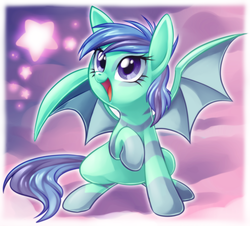 Size: 1108x1000 | Tagged: safe, artist:centchi, oc, oc only, oc:star struck, bat pony, pony, cute, female, happy, open mouth, raised hoof, sitting, smiling, solo, spread wings