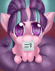 Size: 1024x1325 | Tagged: safe, artist:mirrorandimage, starlight glimmer, pony, unicorn, g4, cute, equal sign, female, glimmerbetes, looking at you, looking up, looking up at you, mare, mouth hold, nom, question mark, sitting, smiling, solo