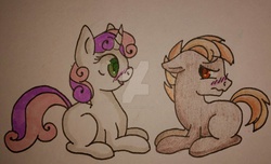 Size: 2869x1743 | Tagged: safe, artist:bleedingwings12, button mash, sweetie belle, earth pony, pony, unicorn, g4, blushing, deviantart watermark, duo, female, male, obtrusive watermark, ship:sweetiemash, shipping, straight, traditional art, tsundere, watermark