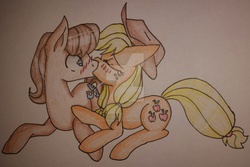 Size: 2740x1825 | Tagged: safe, artist:bleedingwings12, applejack, caramel, g4, female, male, ship:carajack, shipping, straight, traditional art