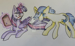Size: 2872x1741 | Tagged: safe, artist:bleedingwings12, comet tail, twilight sparkle, alicorn, pony, g4, female, male, mare, ship:cometlight, shipping, straight, traditional art, twilight sparkle (alicorn)