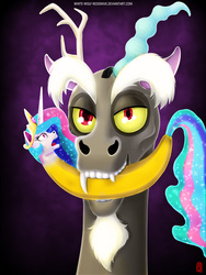 Size: 960x1280 | Tagged: safe, artist:wwredgrave, discord, princess celestia, draconequus, g4, banana, bananalestia, bedroom eyes, discord being discord, frown, looking at you, mouth hold, open mouth, smiling, transformation, wat, wide eyes