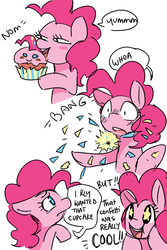 Size: 800x1200 | Tagged: dead source, safe, artist:lucidlarceny, artist:somescrub, pinkie pie, earth pony, pony, g4, comic, confetti, cupcake, cute, dialogue, diapinkes, female, mare, solo, speech bubble, starry eyes, wingding eyes