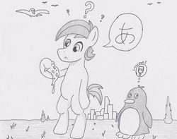 Size: 3085x2434 | Tagged: safe, oc, oc only, bird, earth pony, penguin, pony, bipedal, building, grass, high res, japanese, male, monochrome, pizza, question mark, stallion, traditional art