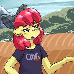 Size: 1000x1000 | Tagged: safe, artist:lucidlarceny, apple bloom, earth pony, anthro, g4, bow, clothes, female, floppy ears, gesture, hair bow, plaid, scenery, shirt, solo, t-shirt