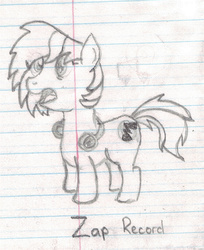 Size: 794x973 | Tagged: safe, artist:chronicle23, oc, oc only, oc:zap record, earth pony, pony, female, hair over eyes, headphones, lined paper, mare, monochrome, pencil drawing, solo, traditional art
