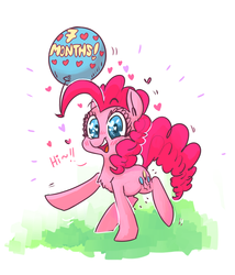 Size: 942x1100 | Tagged: source needed, safe, artist:xieril, pinkie pie, g4, balloon, blushing, female, heart, heart eyes, looking at you, pregnant, solo, wingding eyes