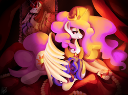 Size: 1024x761 | Tagged: safe, artist:shivall, princess celestia, princess luna, g4, filly, hug, momlestia fuel, pink-mane celestia, royal sisters, size difference, sweet dreams fuel, winghug, woona, younger