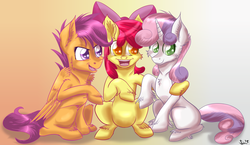 Size: 2000x1159 | Tagged: safe, artist:sintakhra, apple bloom, scootaloo, sweetie belle, earth pony, pegasus, pony, unicorn, g4, colored pupils, cutie mark crusaders, female, filly, gradient background, sitting, unshorn fetlocks