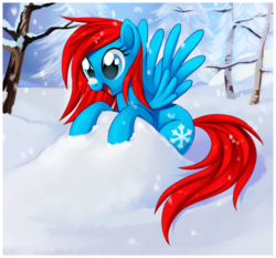 Size: 3060x2851 | Tagged: safe, artist:centchi, oc, oc only, oc:icicle blaze, pegasus, pony, female, happy, looking down, mare, open mouth, outdoors, smiling, snow, snowfall, solo, spread wings, tree, wings