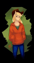 Size: 709x1280 | Tagged: safe, artist:kar0th, applejack, earth pony, anthro, g4, clothes, female, hoodie, mare, solo, sweater