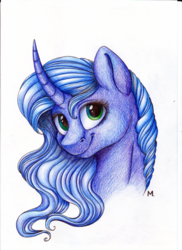 Size: 1456x2000 | Tagged: safe, artist:heather-west, princess luna, g4, curved horn, female, horn, simple background, smiling, solo, traditional art, watercolor painting