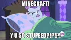 Size: 888x499 | Tagged: safe, sweetie belle, pony, unicorn, g4, angry, claire corlett, image macro, meme, minecraft, rage quit, sweetie belle is not amused, voice actor joke