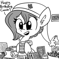 Size: 825x825 | Tagged: safe, artist:tjpones, oc, oc only, oc:brownie bun, horse wife, canada day, cute, food, kinder egg, kraft dinner, monochrome, smarties, soda, solo, syrup, tumblr