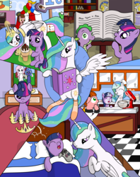 Size: 2543x3218 | Tagged: safe, artist:fimstargazer, princess celestia, princess luna, smarty pants, spike, twilight sparkle, oc, oc:fausticorn, comic:memories, g4, accessory swap, bed, book, clothes, comic, cute, filly, filly twilight sparkle, high res, ice cream, magic, momlestia, socks, spikabetes, striped socks, telekinesis, twiabetes, twilight wants to be a princess, weapons-grade cute, woona