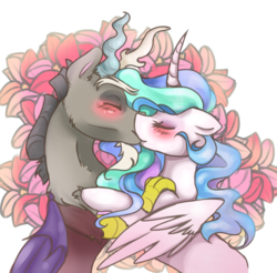 Size: 990x975 | Tagged: safe, artist:chocolateponi, discord, princess celestia, g4, blushing, curved horn, eyes closed, female, horn, kissing, male, ship:dislestia, shipping, simple background, straight, traditional art, transparent background