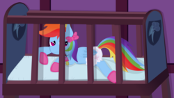 Size: 1024x576 | Tagged: dead source, safe, artist:the-crusader-network, rainbow dash, fanfic:pattycakes, g4, booties, crib, diaper, female, hair bow, non-baby in diaper, pacifier, palindrome get, solo