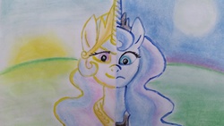 Size: 5312x2988 | Tagged: safe, artist:fiona brown, princess celestia, princess luna, g4, chalk drawing, day, night, traditional art