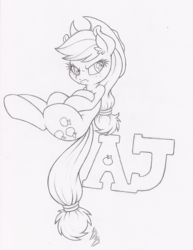 Size: 773x1000 | Tagged: safe, artist:dfectivedvice, applejack, g4, female, grayscale, grumpy, lineart, monochrome, solo, traditional art