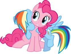 Size: 3469x2640 | Tagged: safe, artist:thebiancoangelo, pinkie pie, rainbow dash, earth pony, pegasus, pony, g4, biting, cute, eyes closed, female, grin, high res, hug, lesbian, mare, neck biting, raised leg, ship:pinkiedash, shipping, show accurate, simple background, sitting, smiling, transparent background, vector