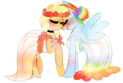 Size: 2800x1900 | Tagged: safe, artist:misspolycysticovary, applejack, rainbow dash, earth pony, pegasus, pony, g4, alternate hairstyle, blushing, clothes, dress, duo, eyes closed, female, floral head wreath, lesbian, loose hair, marriage, ship:appledash, shipping, simple background, transparent background, wedding