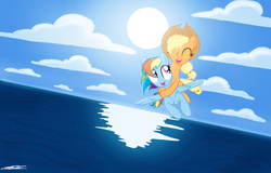 Size: 1701x1087 | Tagged: safe, artist:walliscolours, applejack, rainbow dash, g4, applejack riding rainbow dash, carrying, eyes closed, female, flying, happy, lesbian, ocean, open mouth, ponies riding ponies, riding, ship:appledash, shipping, sky, smiling, spread wings, sun