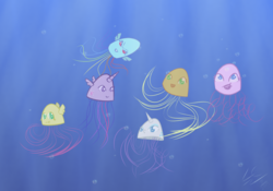 Size: 2414x1685 | Tagged: safe, artist:liracrown, applejack, fluttershy, pinkie pie, rainbow dash, rarity, twilight sparkle, alicorn, jellyfish, pony, g4, bubble, female, mane six, mare, ocean, twilight sparkle (alicorn), underwater, water