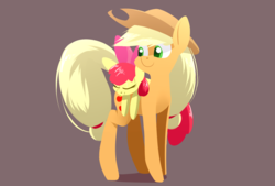 Size: 1748x1181 | Tagged: safe, artist:underpable, apple bloom, applejack, earth pony, pony, g4, adorabloom, apple bloom riding applejack, apple sisters, cute, duo, duo female, eyes closed, female, filly, jackabetes, looking back, mare, ponies riding ponies, riding, sibling love, siblings, sisterly love, sisters, sleeping, smiling, underpable is trying to murder us