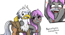 Size: 1200x649 | Tagged: safe, artist:root, oc, oc only, oc:peel off, oc:silver quill, classical hippogriff, hippogriff, pegasus, pony, blushing, feather, heart, non-pony oc, simple background, sweat, white background