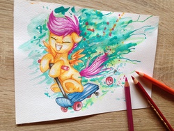 Size: 3264x2448 | Tagged: safe, artist:yellowrobin, scootaloo, pegasus, pony, g4, blank flank, colored pencil drawing, colored pencils, eyes closed, female, filly, floppy ears, foal, grin, high res, scooter, screw (object), smiling, solo, spread wings, traditional art, underhoof, wings