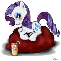 Size: 1000x1000 | Tagged: safe, artist:celine-artnsfw, rarity, pony, unicorn, g4, beanbag chair, drink, drinking straw, female, solo