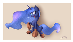 Size: 2650x1550 | Tagged: safe, artist:d-sixzey, princess luna, g4, clothes, female, looking at you, missing accessory, open mouth, paws, sitting, smiling, socks, solo