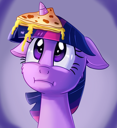 Size: 1823x2000 | Tagged: safe, artist:discorded, twilight sparkle, pony, unicorn, g4, party pooped, :i, female, floppy ears, food, horn, horn impalement, i'm pancake, mare, quesadilla, solo, they're just so cheesy