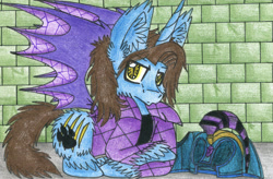 Size: 1788x1175 | Tagged: safe, artist:alzmariowolfe, oc, oc only, alicorn, bat pony, pony, alicorn oc, blue, solo, traditional art