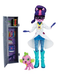 Size: 534x712 | Tagged: safe, sci-twi, spike, spike the regular dog, twilight sparkle, dog, equestria girls, g4, my little pony equestria girls: friendship games, clothes, doll, lab coat, lockers, outfit, toy