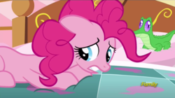 Size: 1073x602 | Tagged: safe, screencap, gummy, pinkie pie, g4, party pooped, bed, discovery family logo, out of context