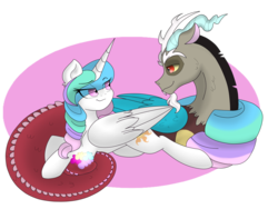 Size: 2048x1536 | Tagged: dead source, safe, artist:jolosbiney, discord, princess celestia, g4, eye contact, female, male, ship:dislestia, shipping, straight