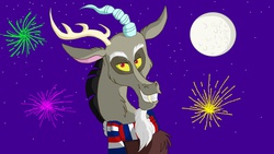 Size: 5312x2988 | Tagged: safe, artist:fiona brown, discord, g4, 4th of july, american independence day, clothes, fireworks, looking at you, moon, scarf