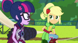 Size: 852x469 | Tagged: safe, screencap, applejack, sci-twi, twilight sparkle, equestria girls, g4, my little pony equestria girls: friendship games, adorkable, amulet, animated, cute, dork, epic fail, faceplant, fail, female, magic capture device, ouch, twiabetes