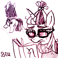 Size: 512x512 | Tagged: safe, artist:remyroez, moondancer, twilight sparkle, pony, unicorn, amending fences, g4, crying, glasses, monochrome