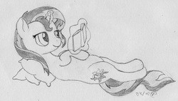 Size: 4704x2676 | Tagged: safe, artist:r0cketsquid, sunset shimmer, pony, g4, book, drawing, female, levitation, magic, monochrome, pillow, reading, sketch, solo, traditional art