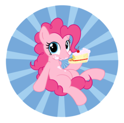 Size: 1757x1750 | Tagged: source needed, safe, artist:gatodelfuturo, pinkie pie, earth pony, pony, g4, abstract background, cake, cherry, cute, diapinkes, eating, female, food, frosting, looking at you, messy eating, sitting, solo, sunburst background